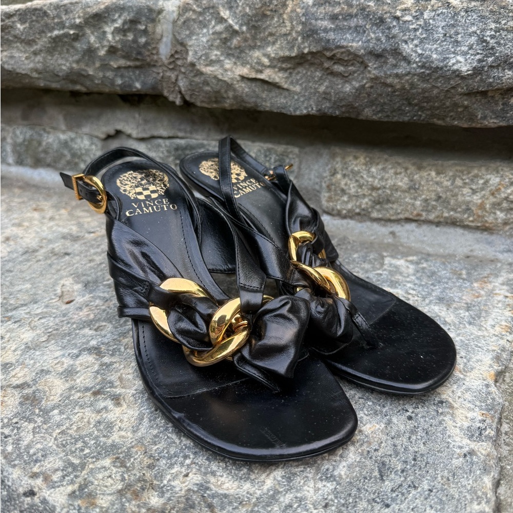 Vince Camuto Black Leather Slingback Heels with Gold Chain Embellishment